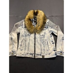 Makobi Men's Acid Wash Biker Denim Jacket with Faux Detachable Fur Collar Large